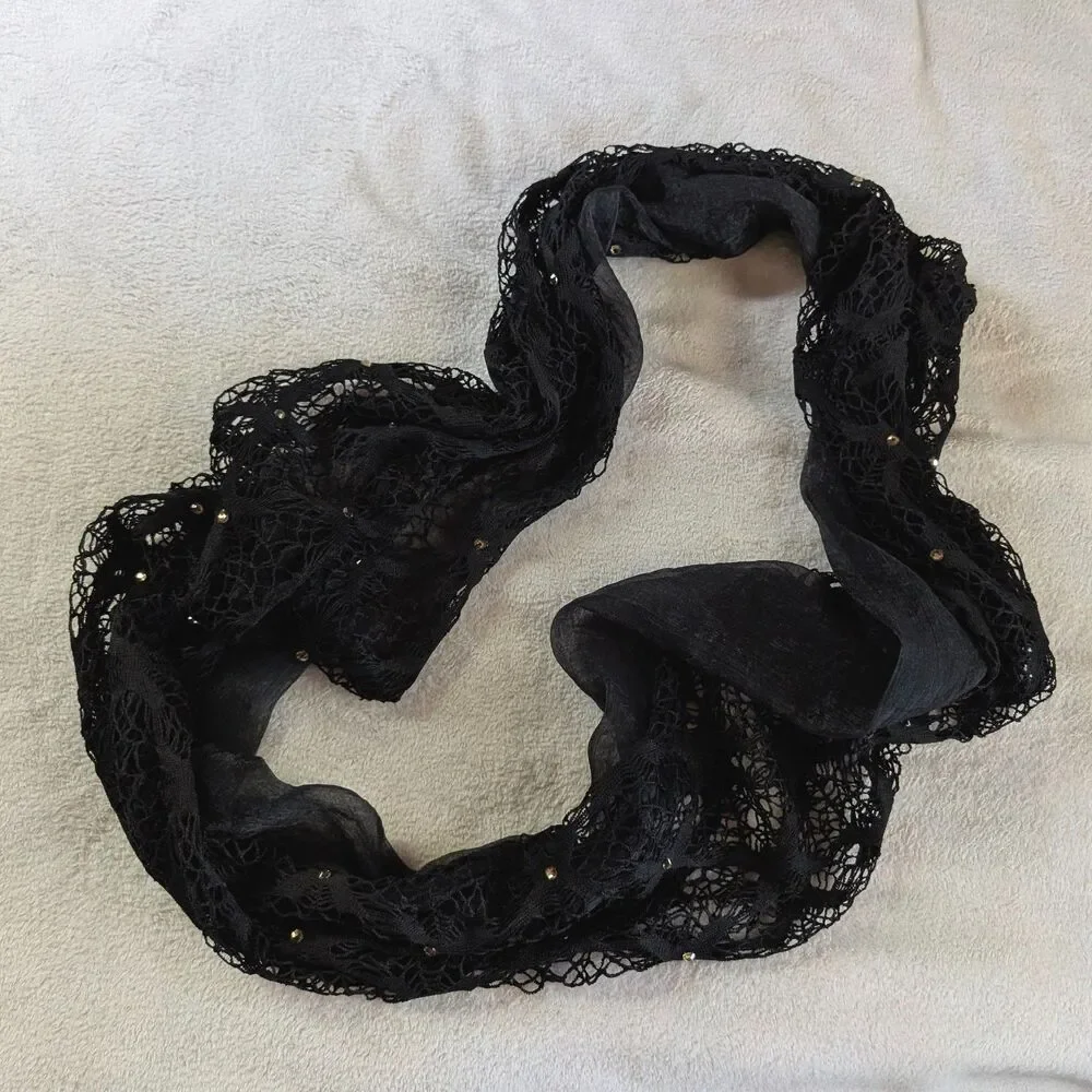 Rhinestone Black Lace Fishnet Infinity Scarf
